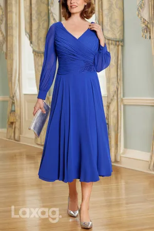 22685 - A-Line Round Quarter Sleeves Appliques Beaded Belt Mother of the Bride Dress