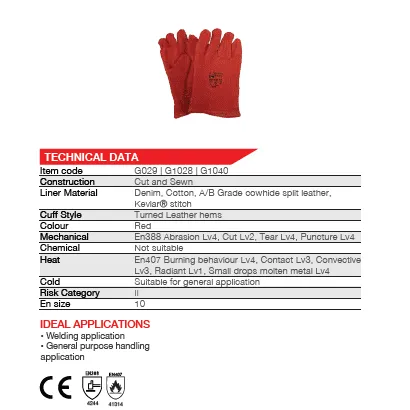 50mm 2.5'' Heat resistant reinforced Kevlar red leather welding gloves
