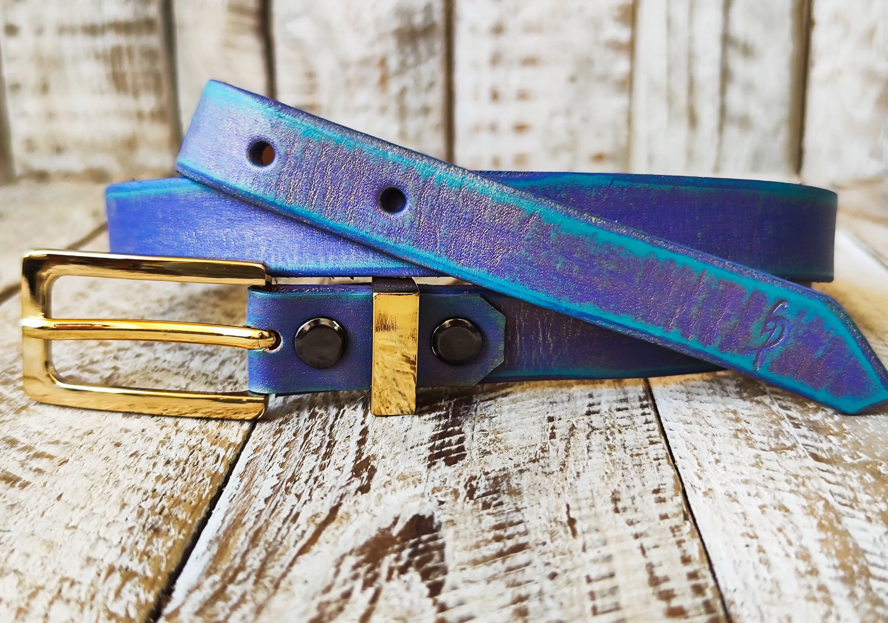 Handcrafted Narrow 2cm Purple Leather Belt with Turquoise Wash and Golden Finish Attaches to Gold Buckle for Women - Elegant Design