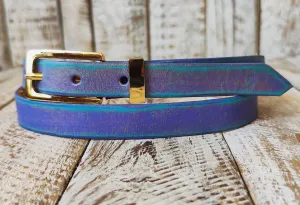 Handcrafted Narrow 2cm Purple Leather Belt with Turquoise Wash and Golden Finish Attaches to Gold Buckle for Women - Elegant Design