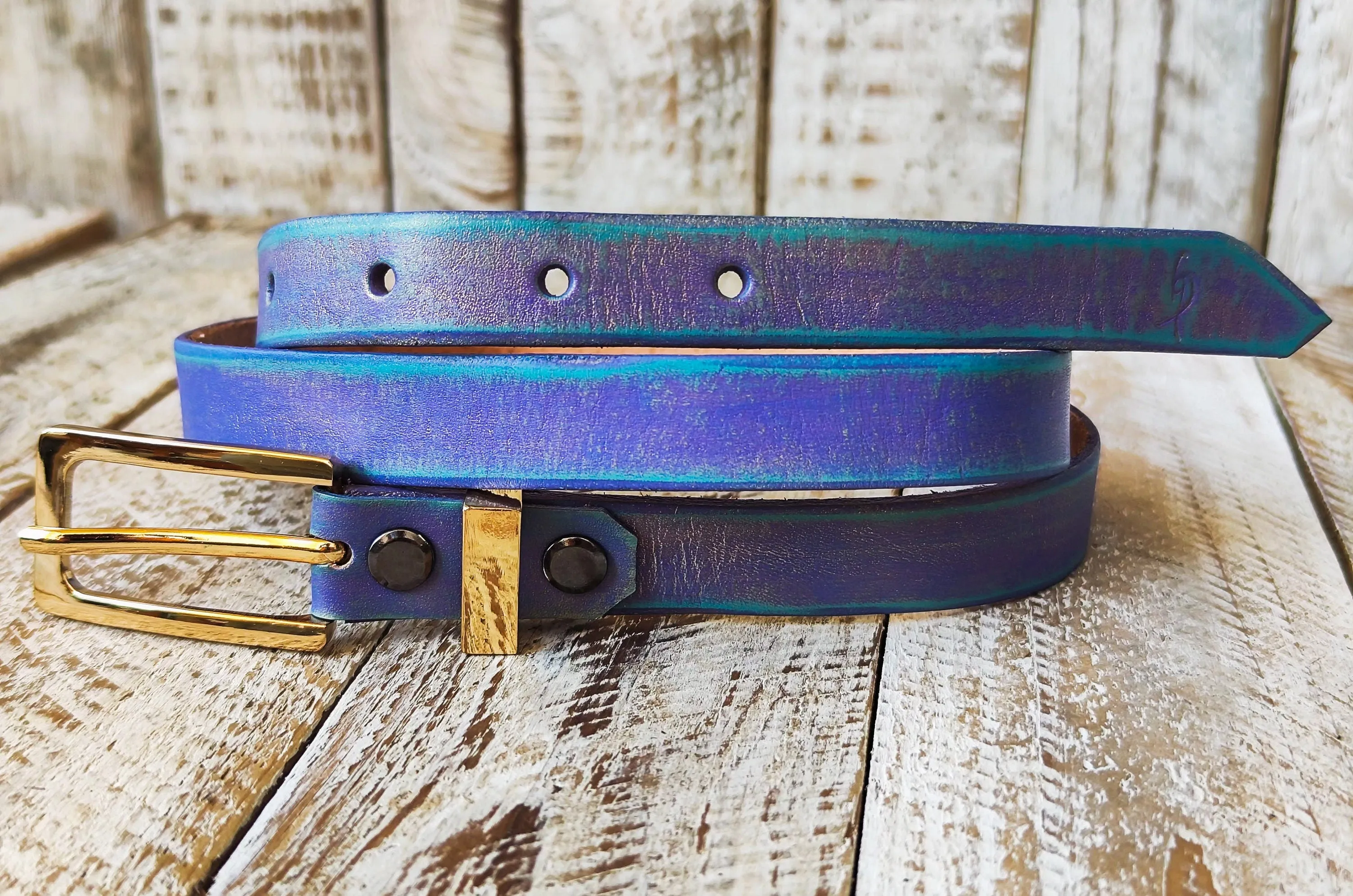 Handcrafted Narrow 2cm Purple Leather Belt with Turquoise Wash and Golden Finish Attaches to Gold Buckle for Women - Elegant Design