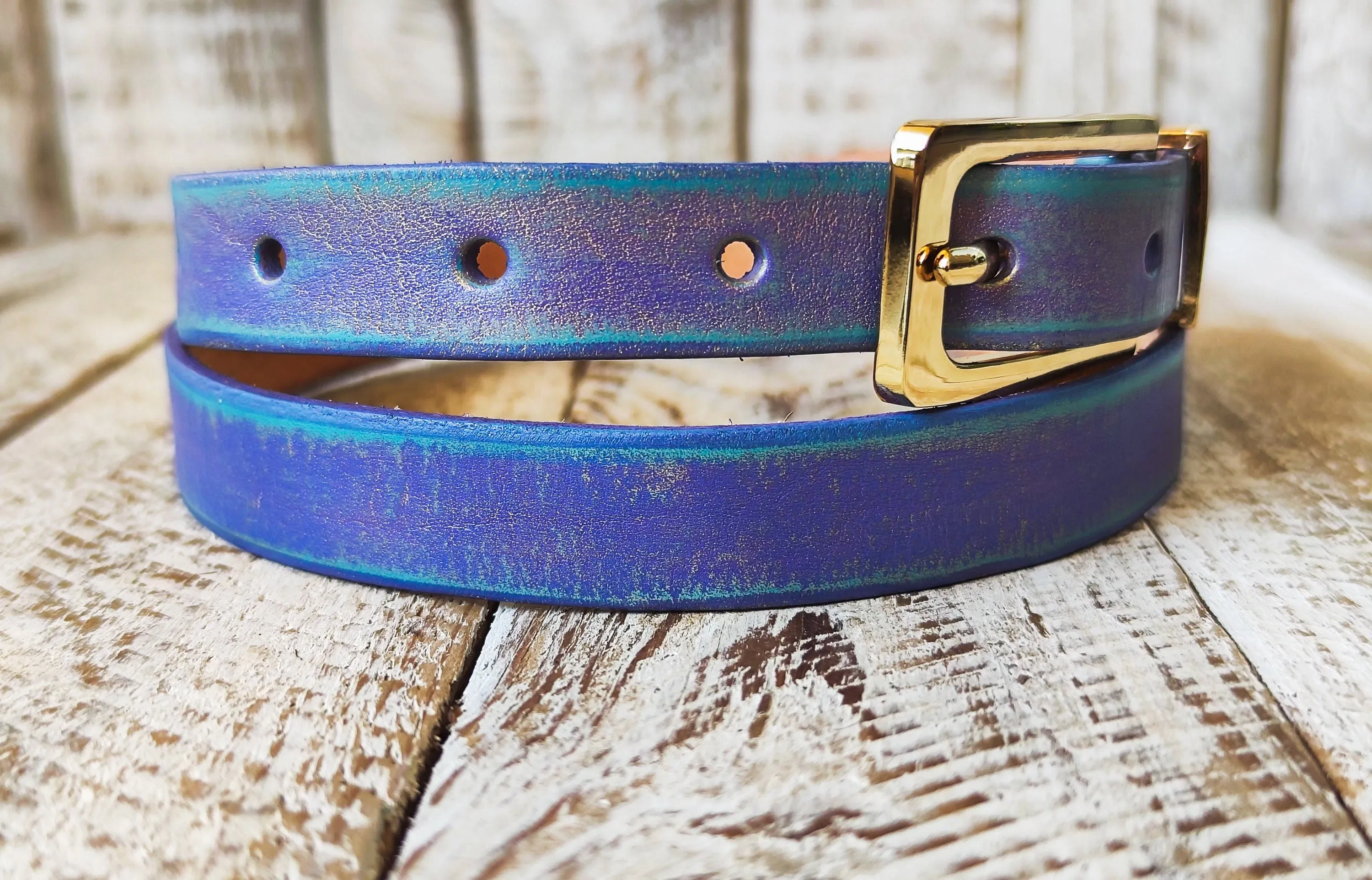 Handcrafted Narrow 2cm Purple Leather Belt with Turquoise Wash and Golden Finish Attaches to Gold Buckle for Women - Elegant Design