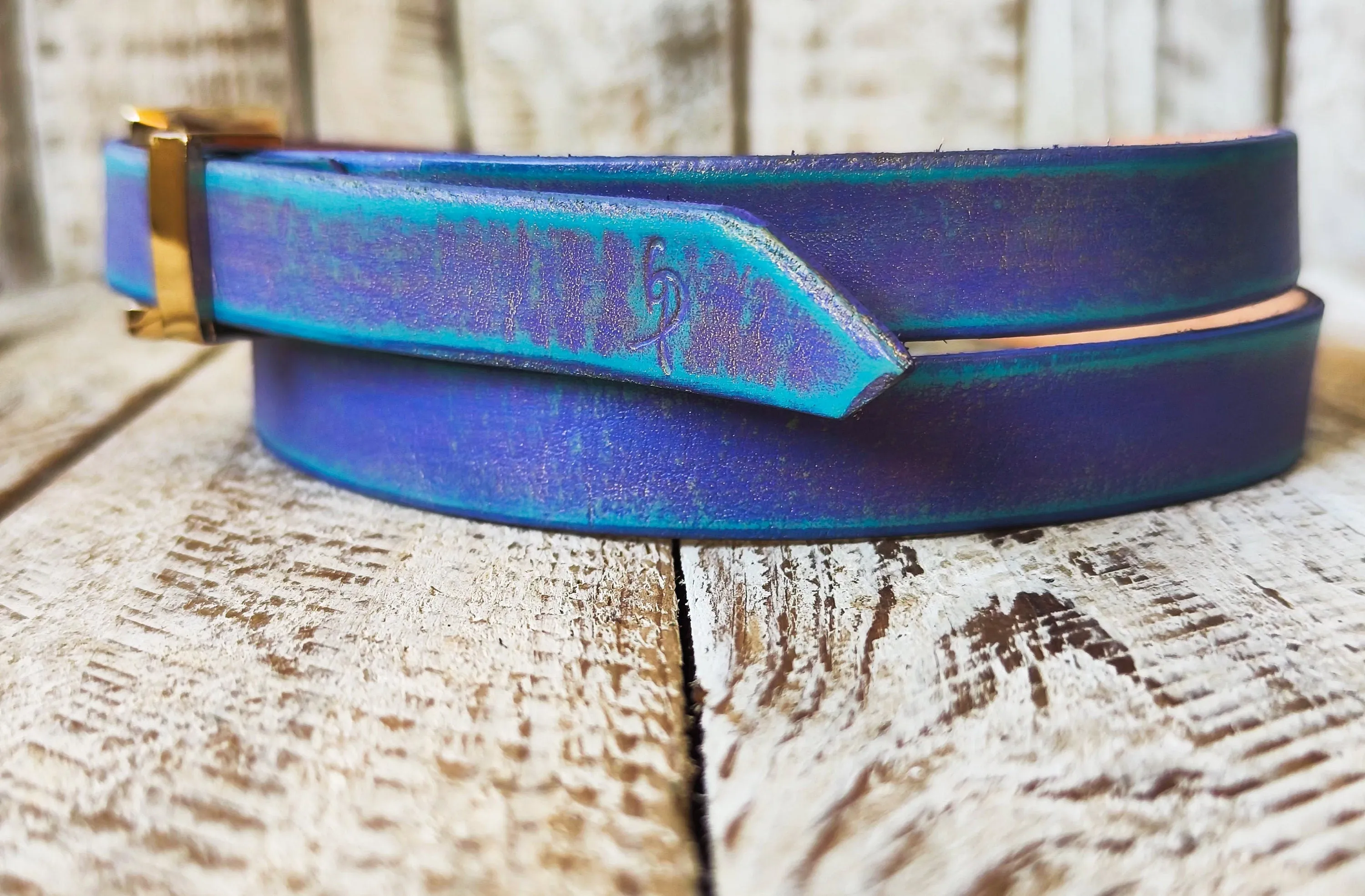 Handcrafted Narrow 2cm Purple Leather Belt with Turquoise Wash and Golden Finish Attaches to Gold Buckle for Women - Elegant Design
