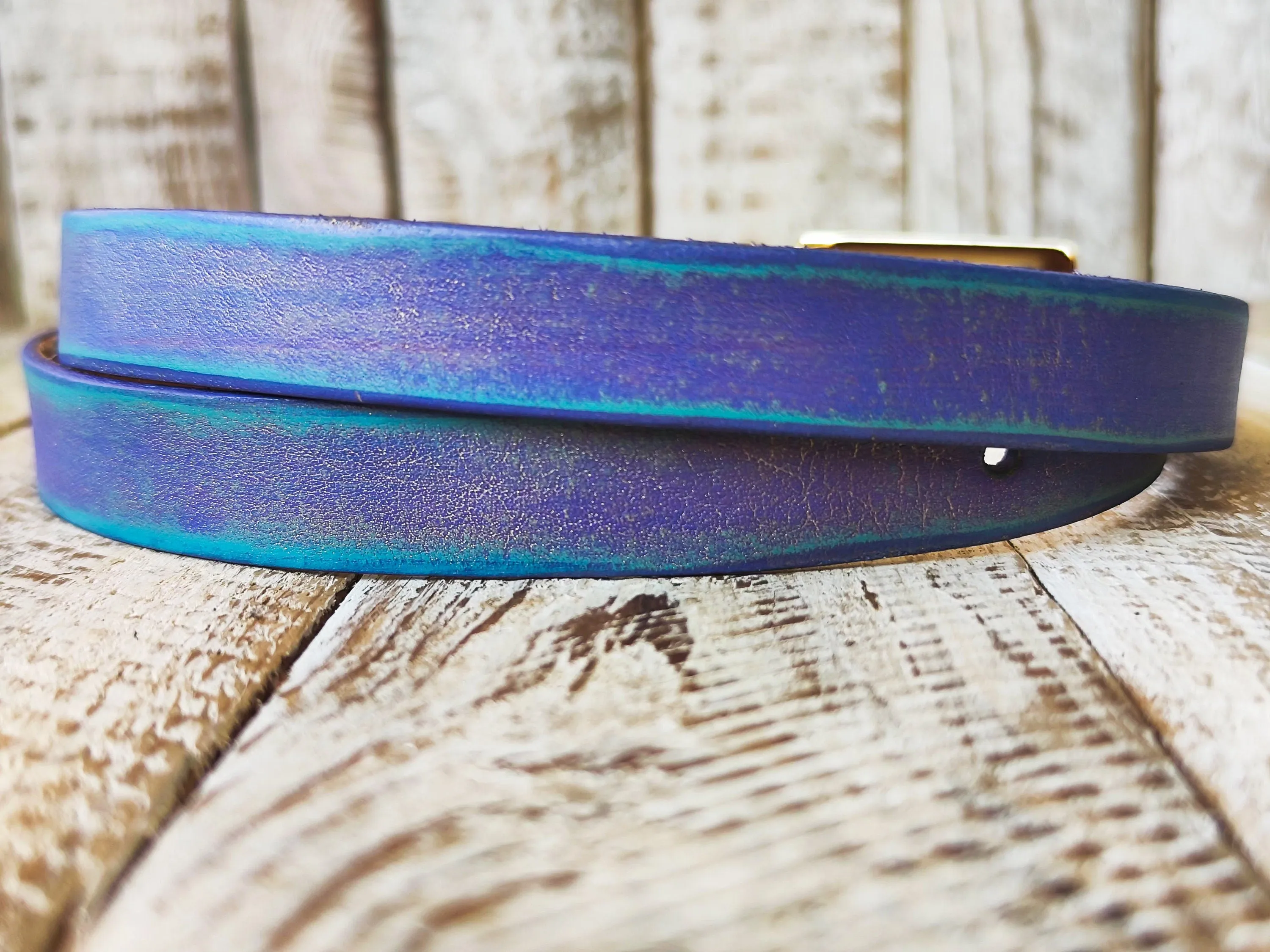 Handcrafted Narrow 2cm Purple Leather Belt with Turquoise Wash and Golden Finish Attaches to Gold Buckle for Women - Elegant Design