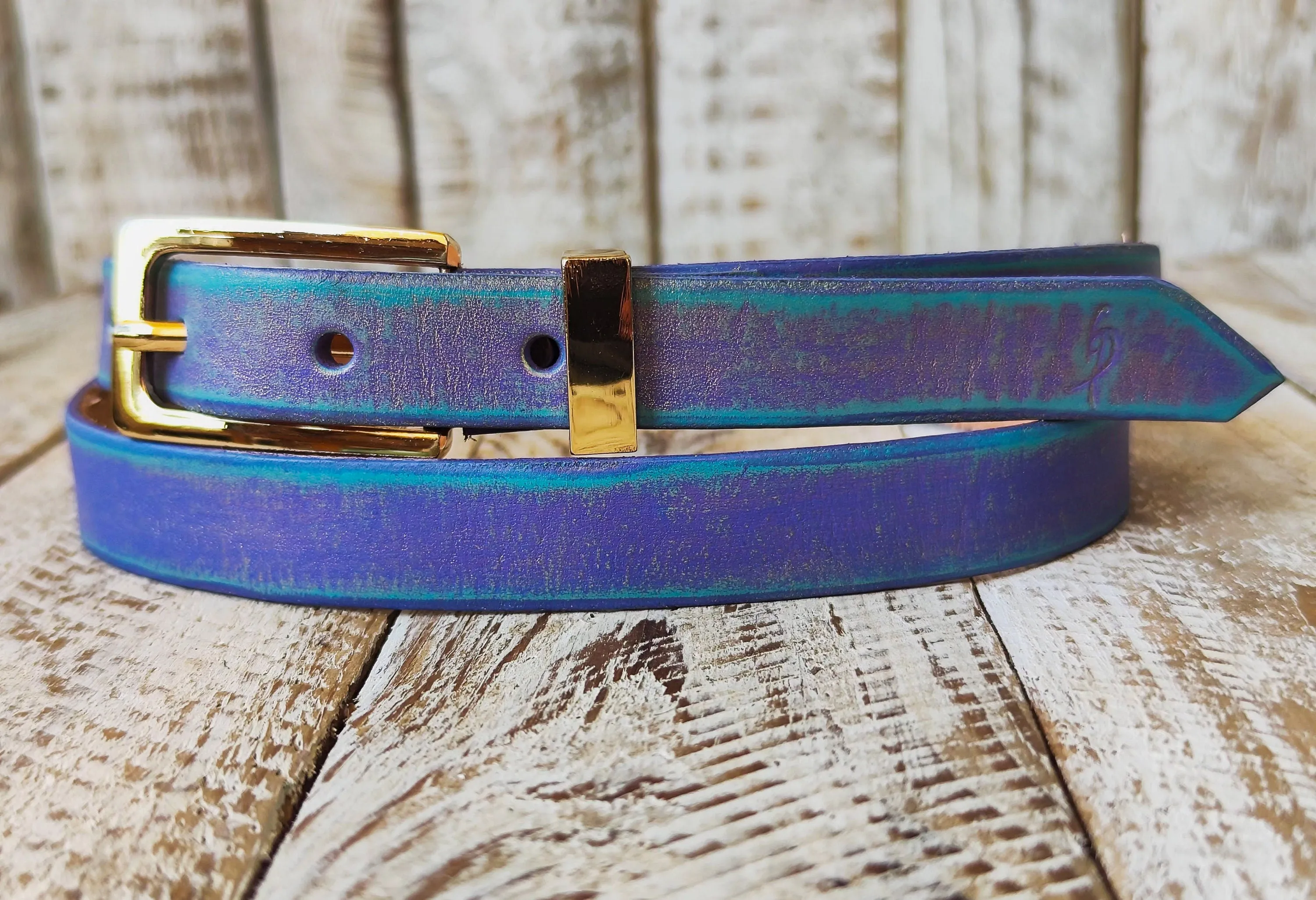 Handcrafted Narrow 2cm Purple Leather Belt with Turquoise Wash and Golden Finish Attaches to Gold Buckle for Women - Elegant Design