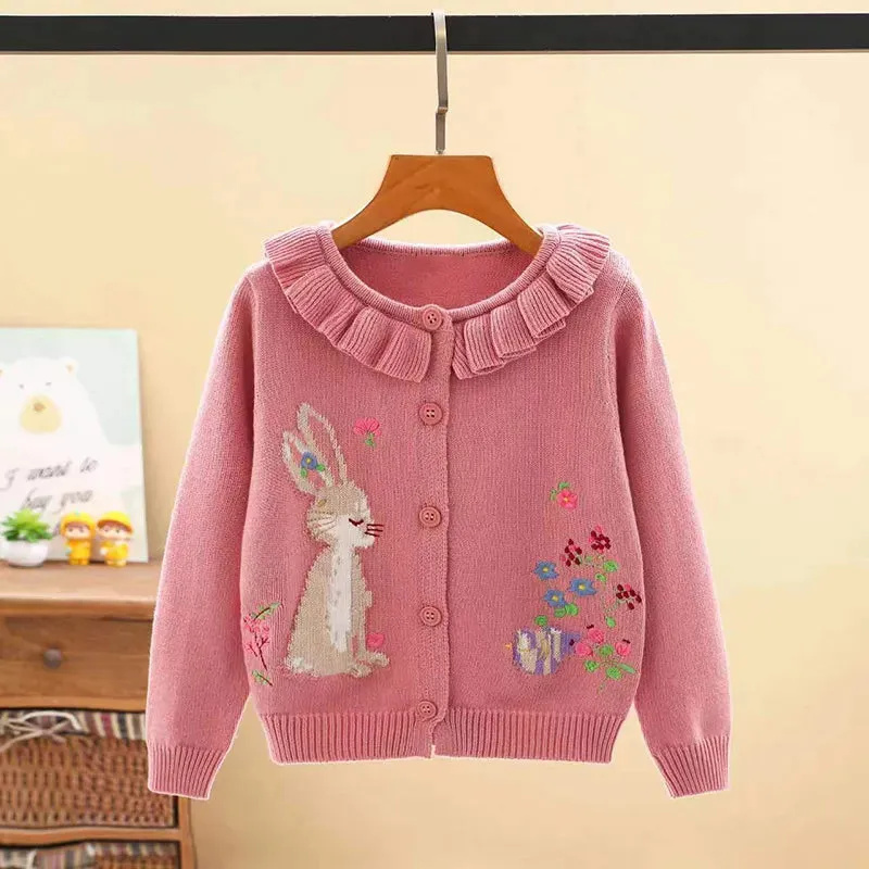 Kids Girls Floral and Rabbit Embroidery Knitted Cardigans