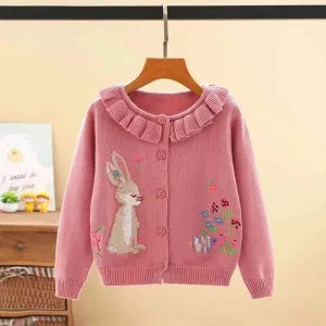 Kids Girls Floral and Rabbit Embroidery Knitted Cardigans