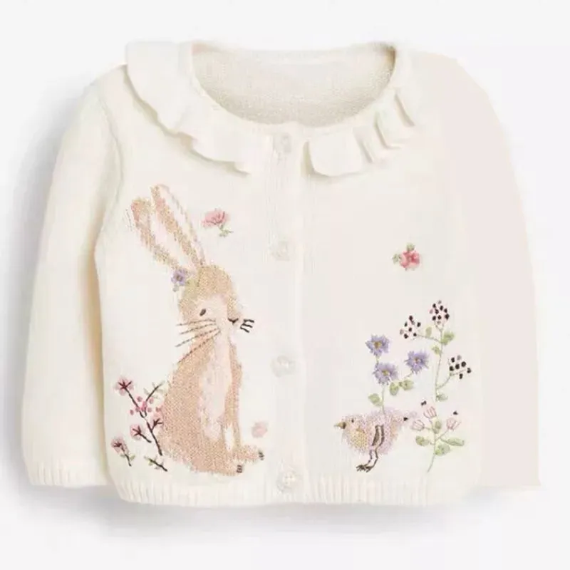 Kids Girls Floral and Rabbit Embroidery Knitted Cardigans
