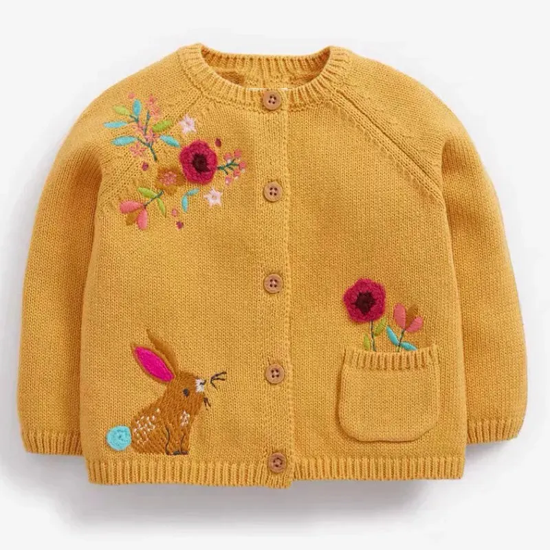 Kids Girls Floral and Rabbit Embroidery Knitted Cardigans