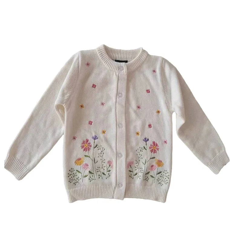 Kids Girls Floral and Rabbit Embroidery Knitted Cardigans
