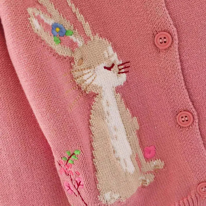 Kids Girls Floral and Rabbit Embroidery Knitted Cardigans