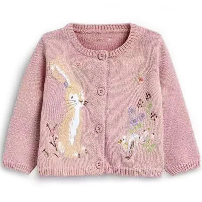 Kids Girls Floral and Rabbit Embroidery Knitted Cardigans