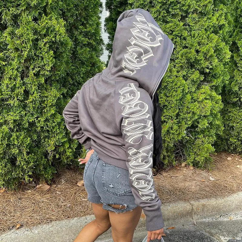Letter Print Zip Up Hoodie
