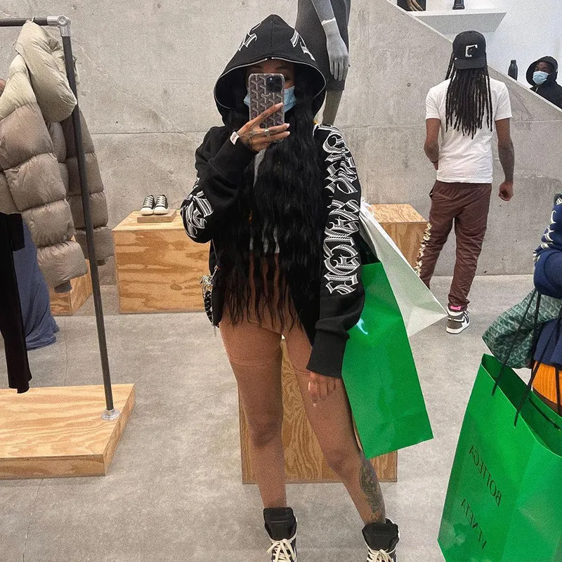 Letter Print Zip Up Hoodie