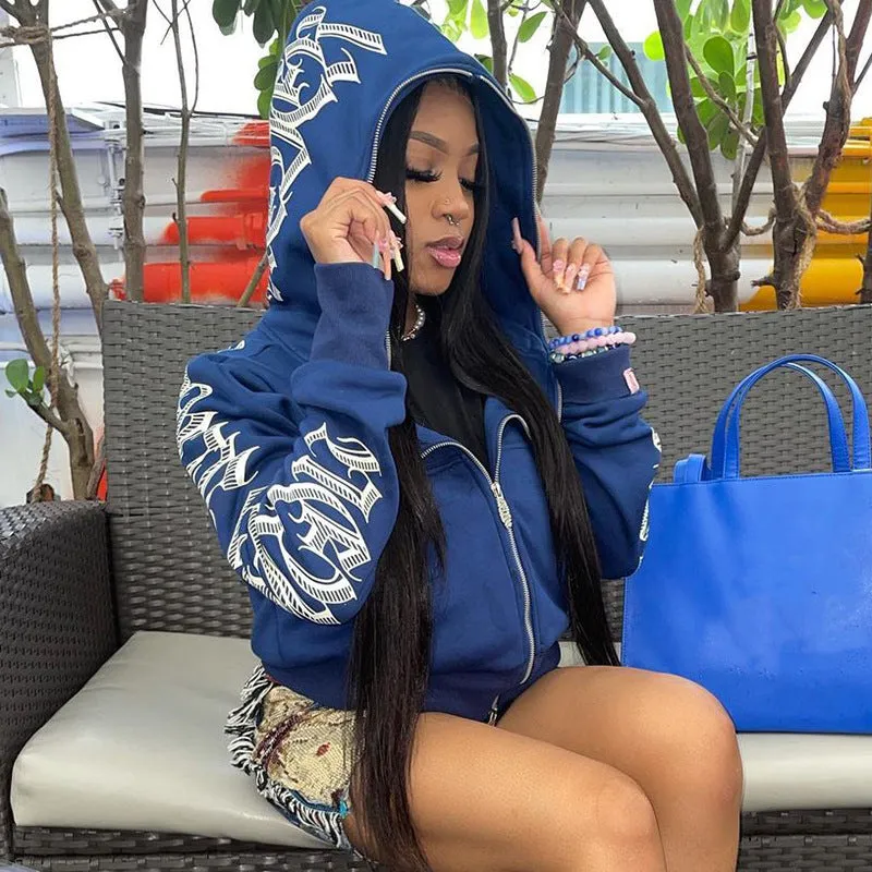 Letter Print Zip Up Hoodie