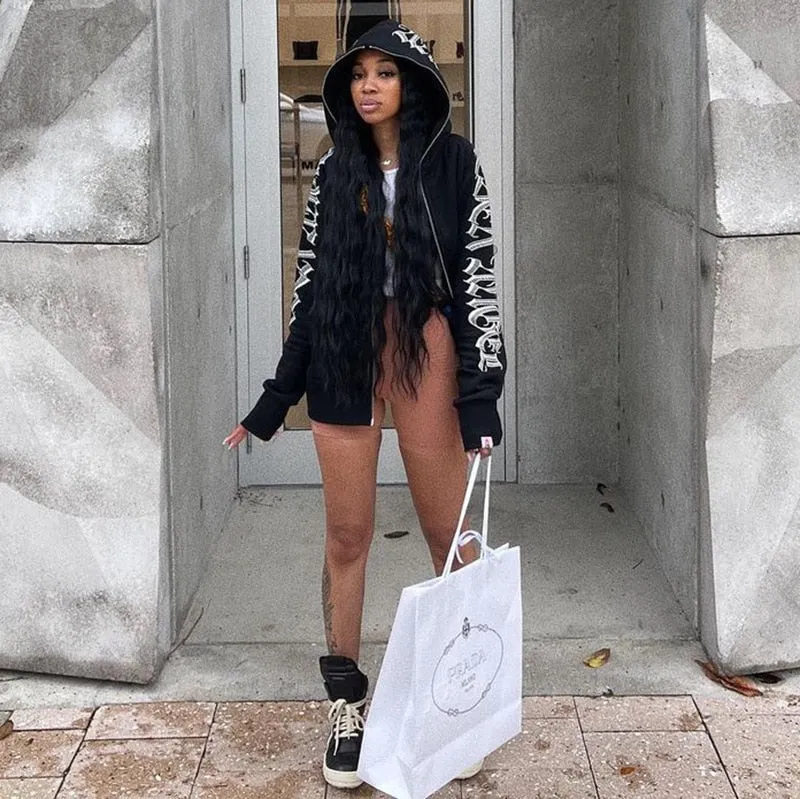 Letter Print Zip Up Hoodie