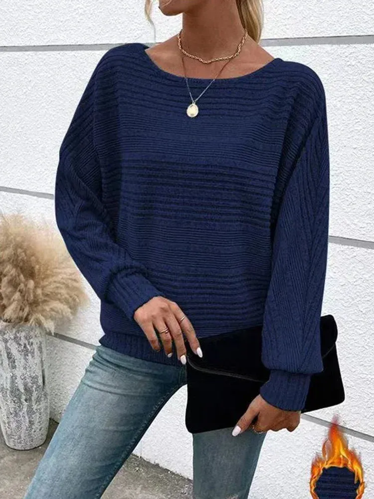 Women Warm Striped Solid Color O-neck Sweaters