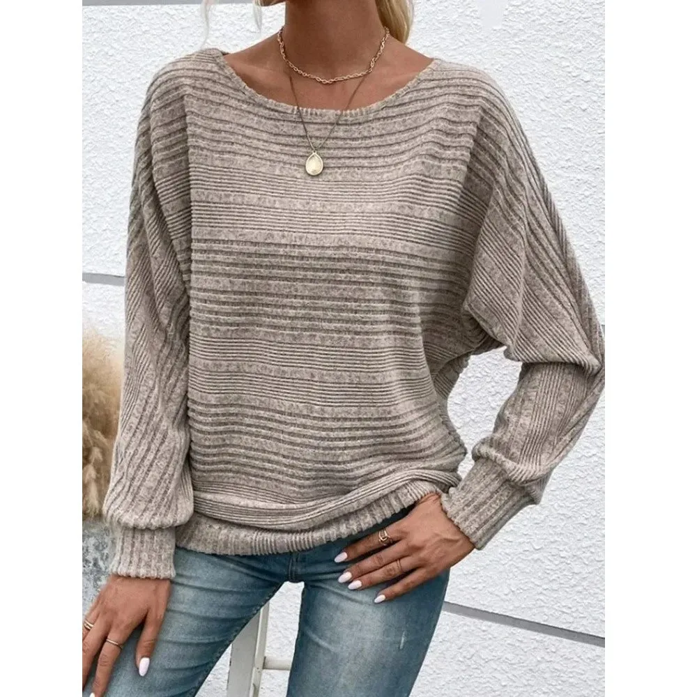 Women Warm Striped Solid Color O-neck Sweaters