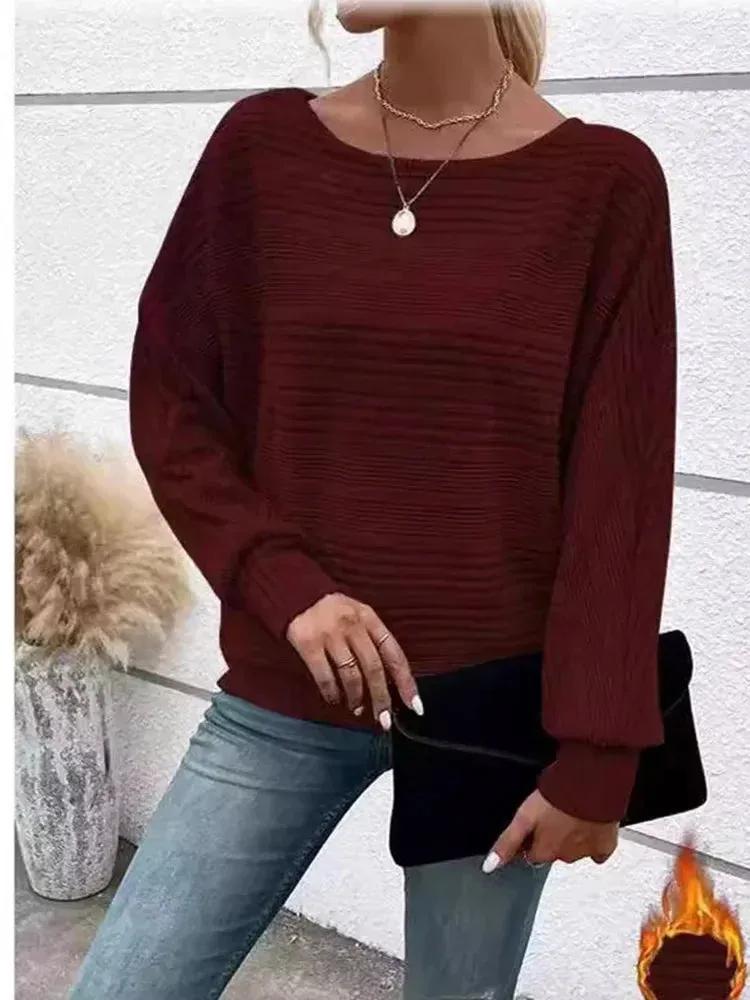 Women Warm Striped Solid Color O-neck Sweaters