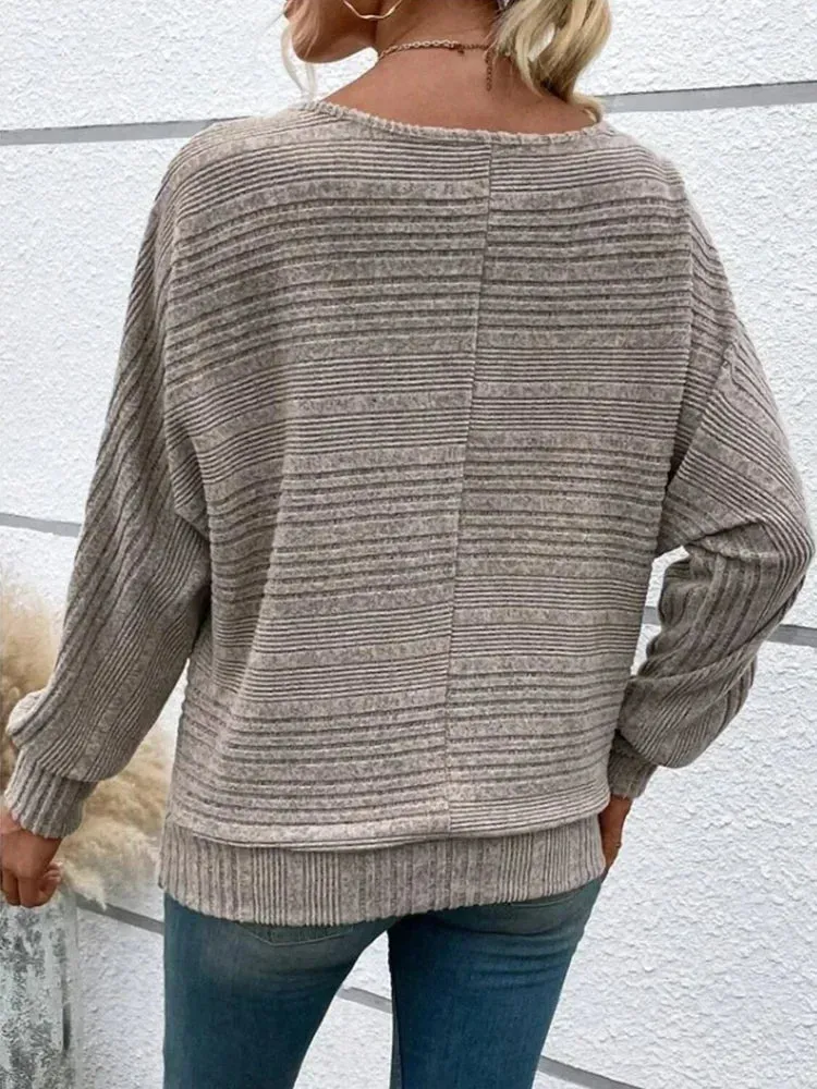 Women Warm Striped Solid Color O-neck Sweaters